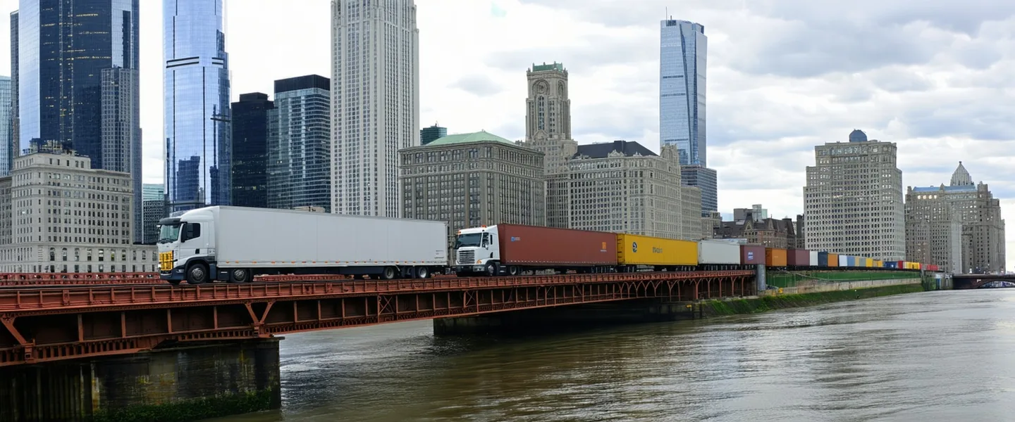 Chicago Loop skyline and freight corridor — North Riverside Plaza and the Chicago River