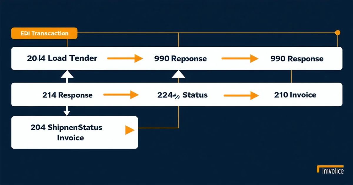 EDI transaction flow diagram for TMS integration — 204, 990, 214, 210 transactions