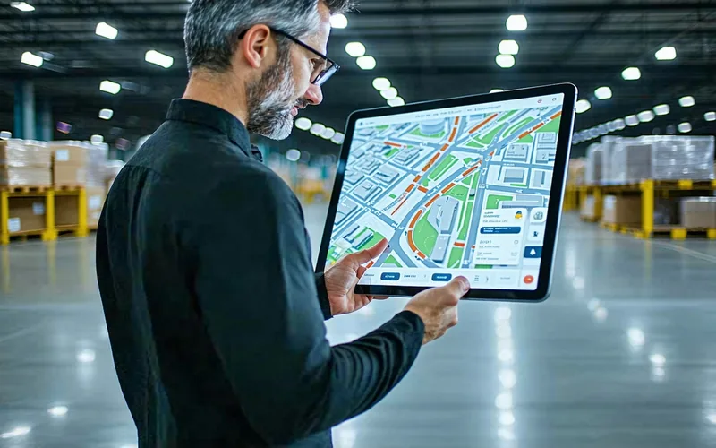 Operations manager reviewing route plans in a distribution warehouse